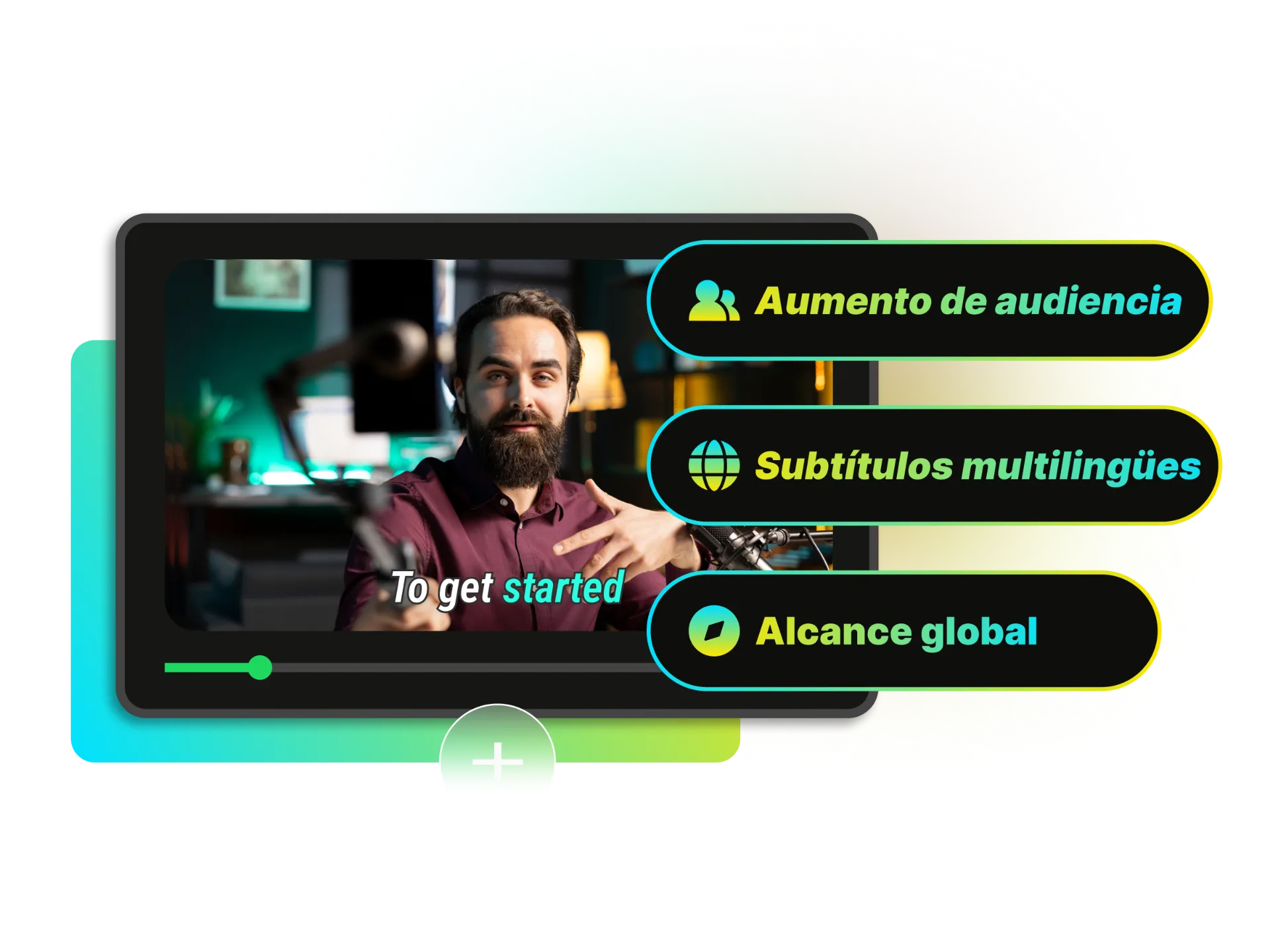 Una imagen de la interfaz de un video de YouTube, con el ícono de subtítulo/CC resaltado y un gráfico mostrando aumento de visualizaciones